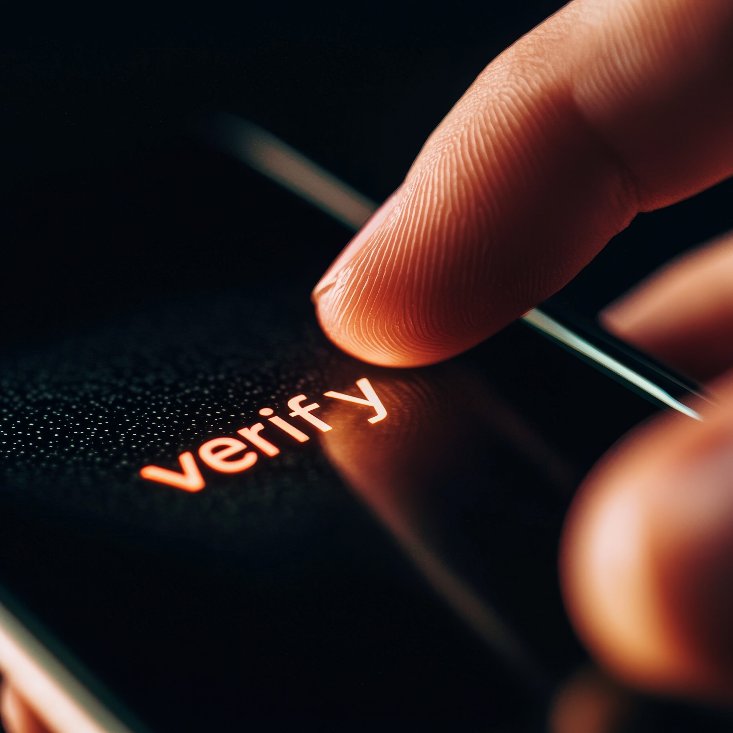 A person finger is pressing the verify button on a smartphone screen, indicating a process of confirmation or authentication.