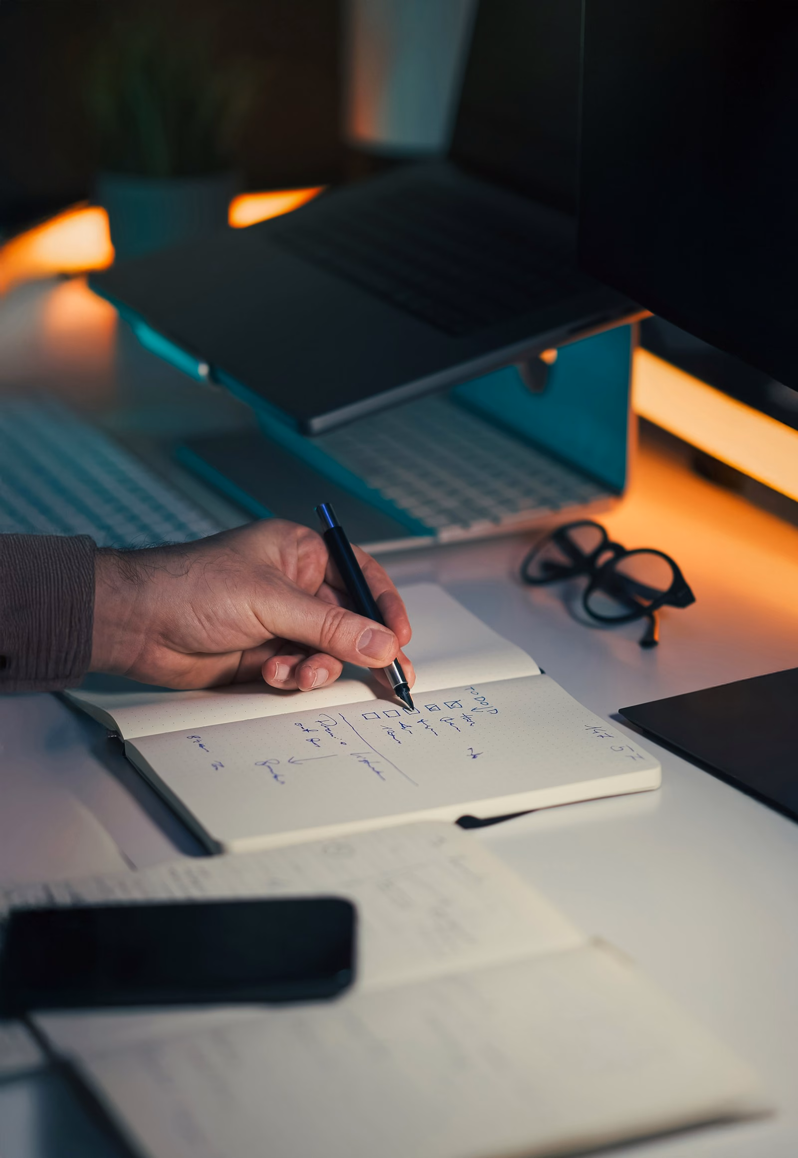 Hand writing structured notes beside a laptop