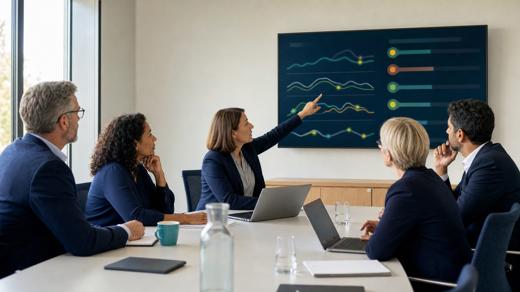 Senior managers reviewing early-warning trends and operational issue indicators before escalation