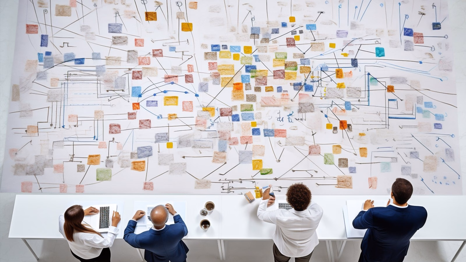 Overhead view of four colleagues reviewing a large, hand-drawn process map in a bright office.