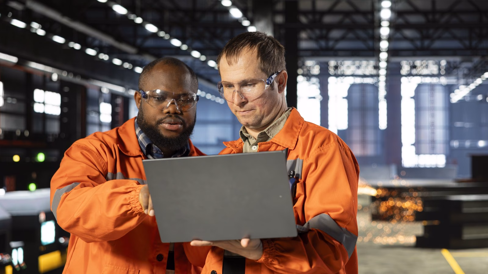 Two industrial colleagues review operational information together on a laptop.